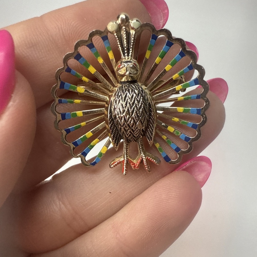 Metal Vintage Peacock Brooch Marked West Germany Painted  Art Deco